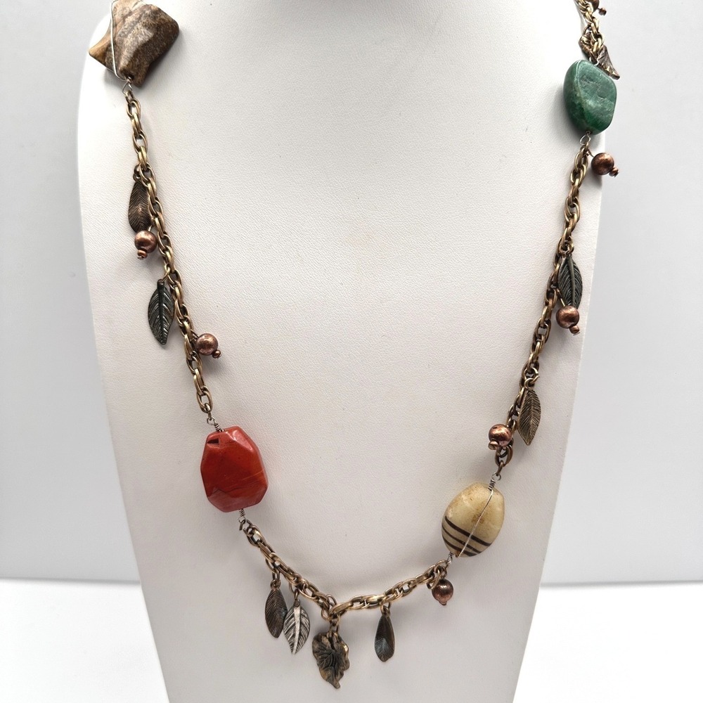Vintage 80s Bohemian Mixed Stone & Metal Leaf Statement Choker Neckless Jewelry